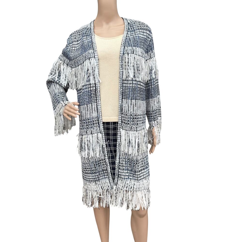 ST JOHN COUTURE 2018 Spring Navy White Fringe Sequin Boucle Duster Jacket Sz 6